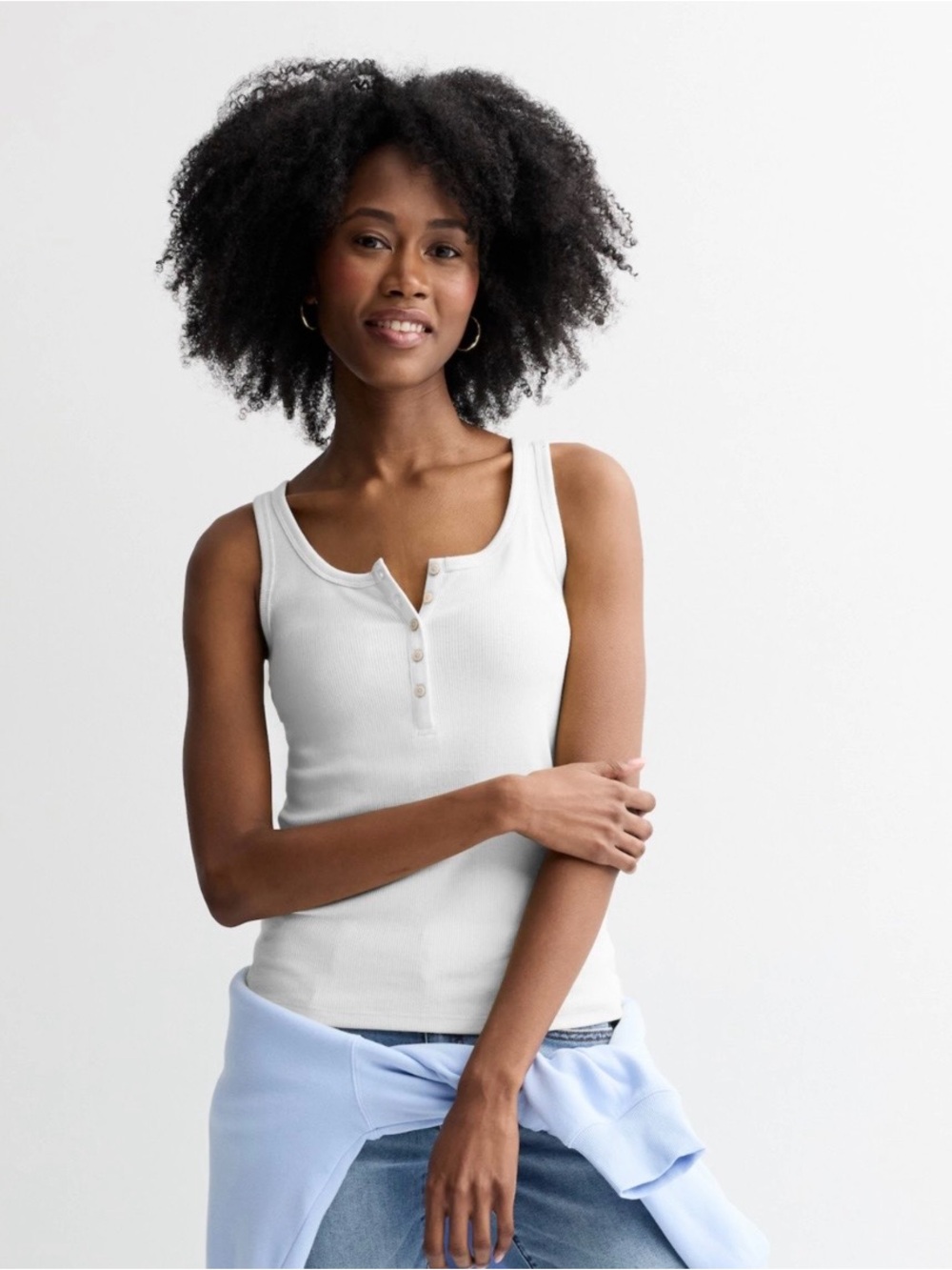 White Ribbed Henley Tank Top